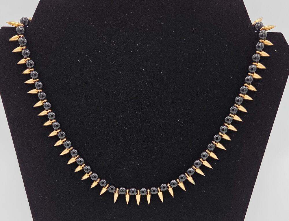Vintage Brass Spike & Genuine Black Onyx Beaded Statement Necklace